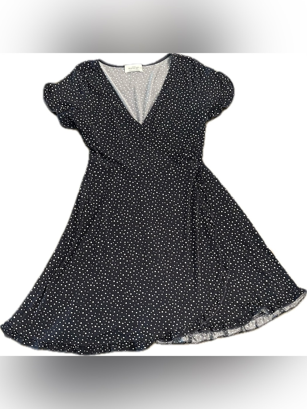 Kaileigh Arbett Faux Wrap Dress in Navy with White Polka Dot Print